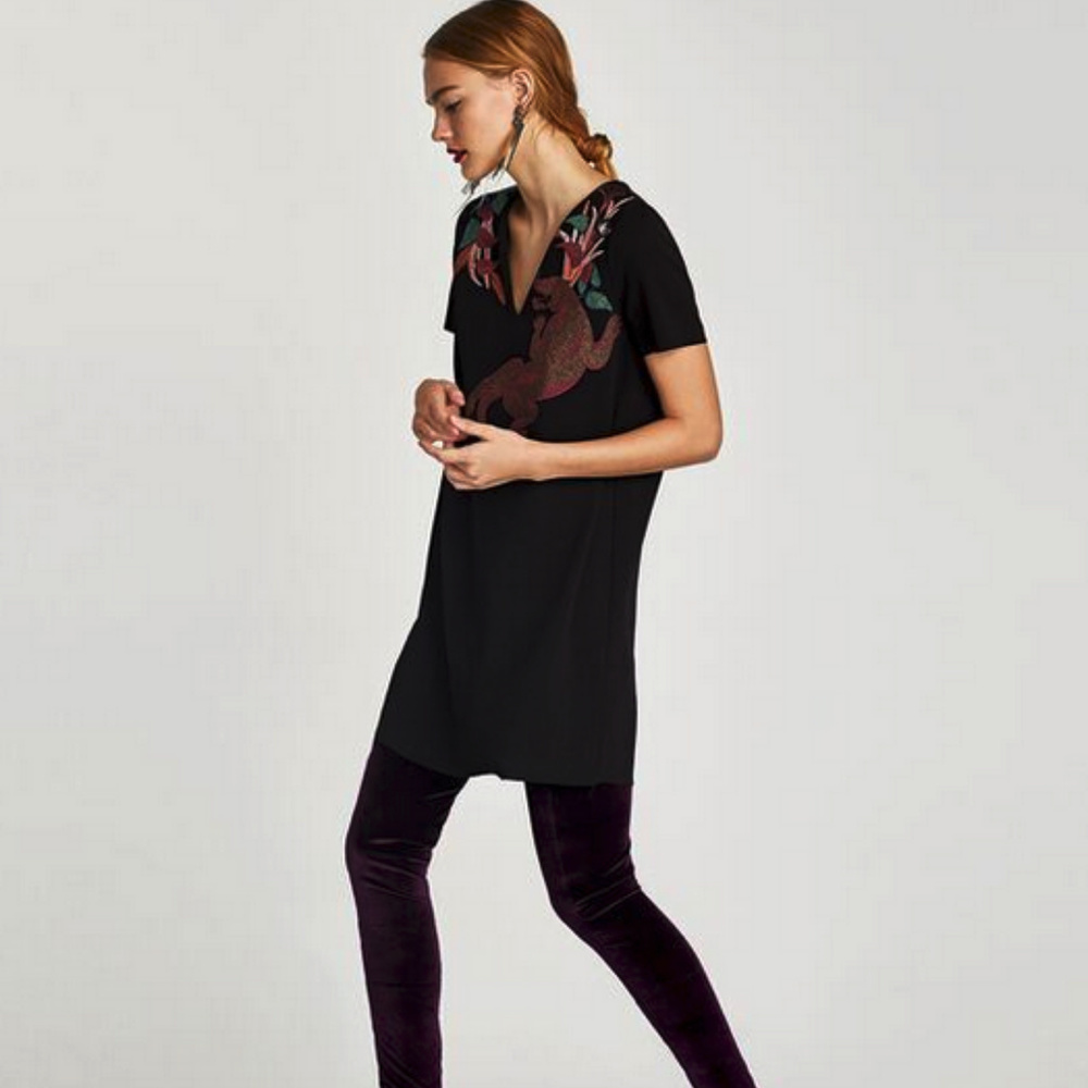 Zara Black Printed Dress short Sleeves size S - Picture 4 of 8